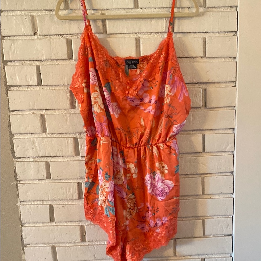 City Chic Sleep Romper Orange Floral -Satin Lace
